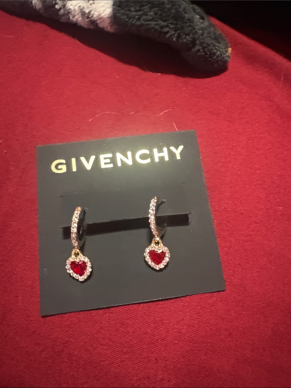 Givenchy Gold and Red Crystal Heart Drop Hoop Earrings